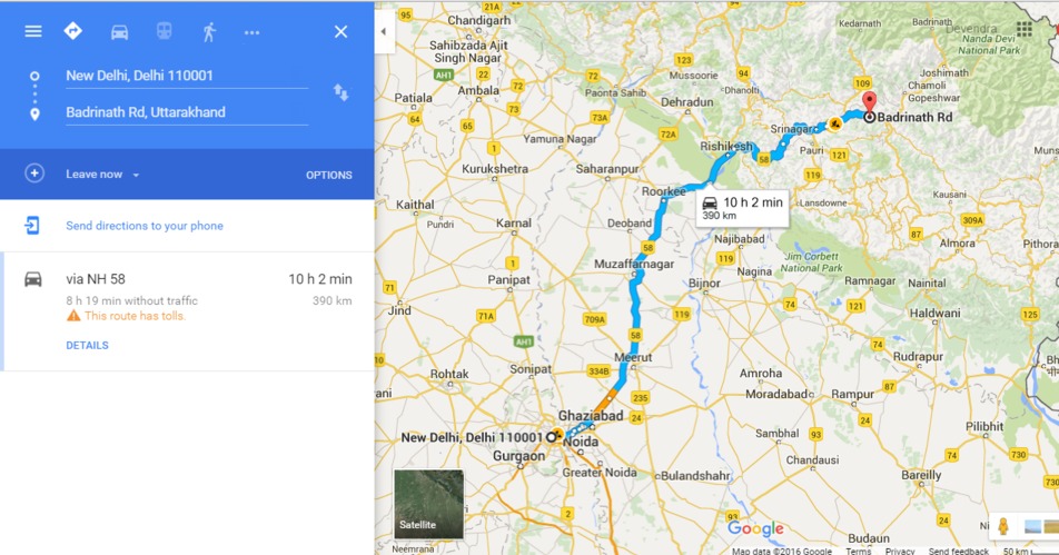 Delhi to Badrinath Road Route Map